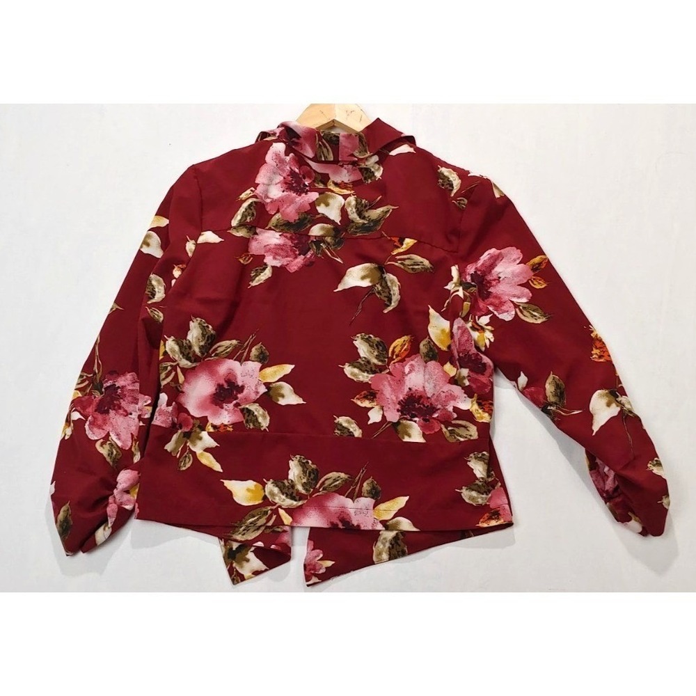Womens Burgundy Sile L Floral Open Front Blazer Jacket Cardigan Chocolate USA Lq - Picture 6 of 11